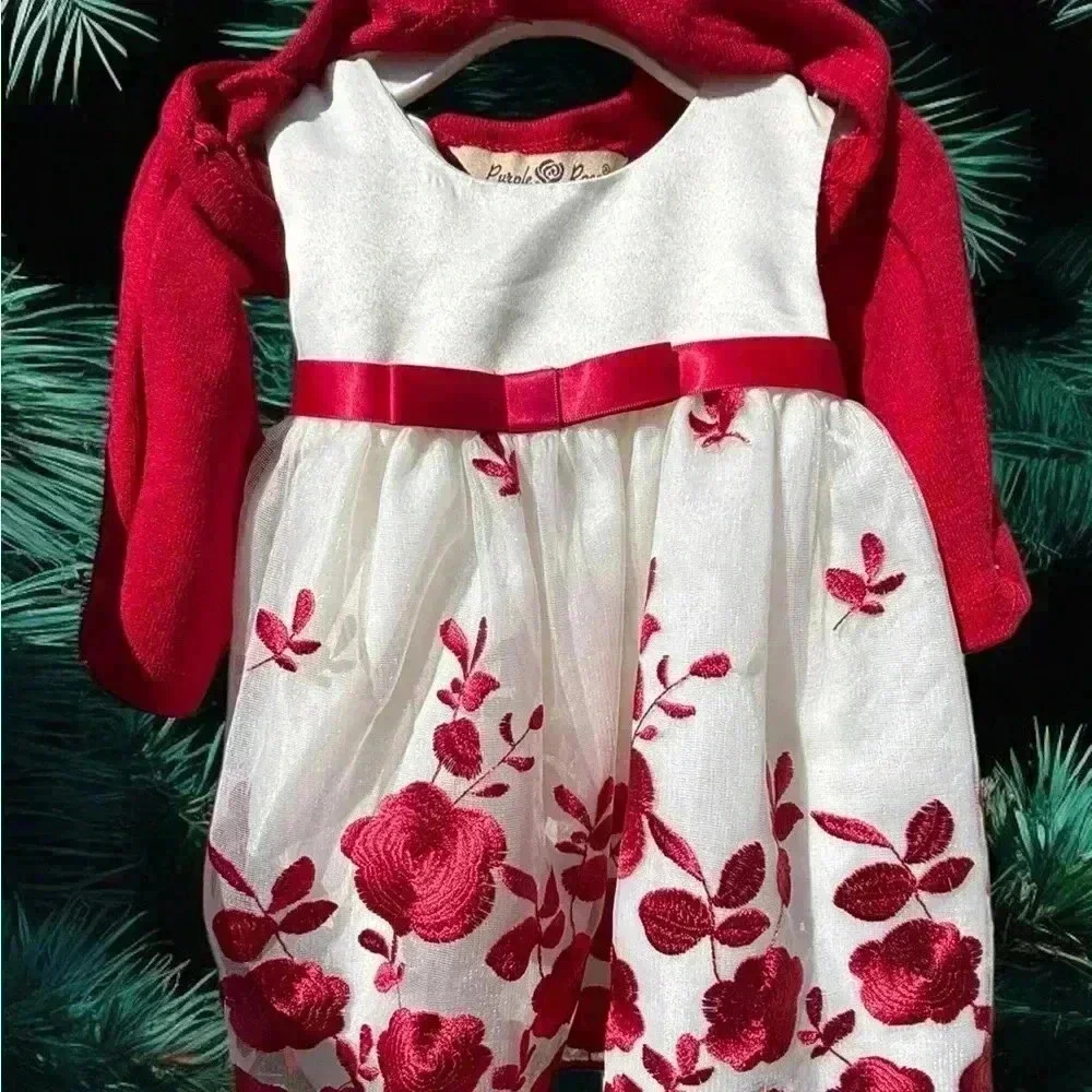 3-6mo Embroidered Christmas white and red Purple&Rose dress. Dsct w bundle.